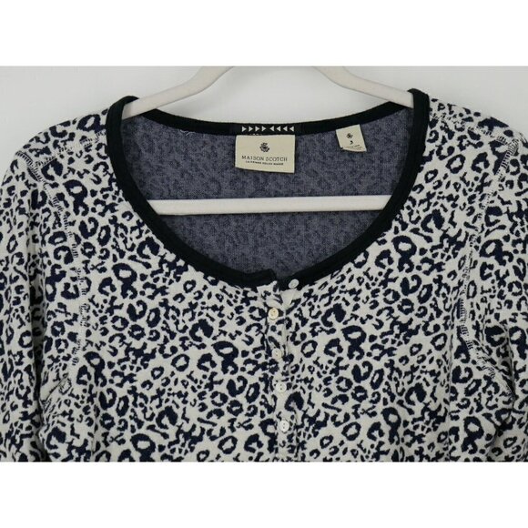 Maison Scotch Leopard Print Half Button Long Sleeve Blouse Blue White L - Picture 2 of 3